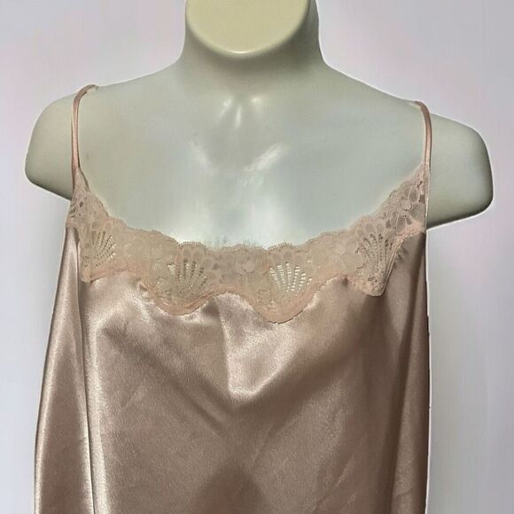 Vtg Keyloun Satin semi-sheer Mesh Lace Trim Chemise Slip Dress Peach Pink Size L - Picture 2 of 12